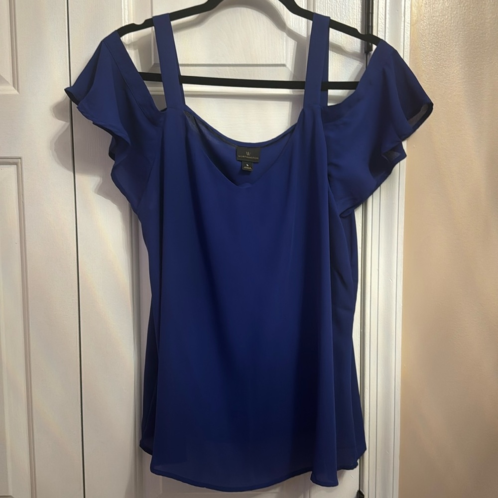 Ladies cold shoulder blouse dark royal blue, size Large